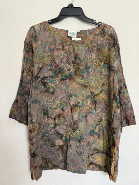 NWT Go Fish 3/4 Sleeve Tunic Top Side Buttons Peacock Feather Print XL Boho
